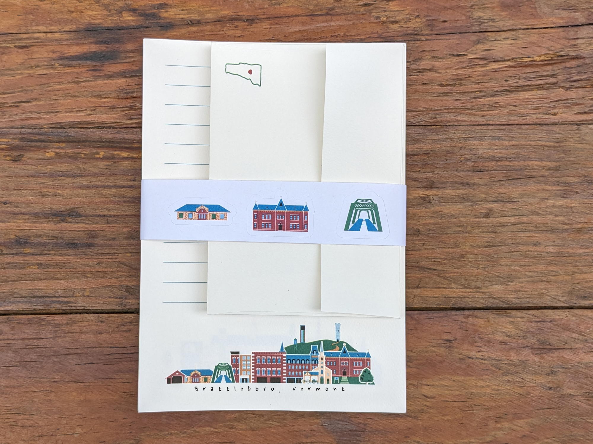 Brattleboro | Stationary Set | 12 Sheets Paper + 6 Envelopes + Stickers